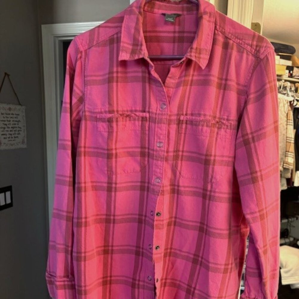 Eddie Bauer Hot Pink & Light Brown Flannel Shirt, Frayed hem, Size Large